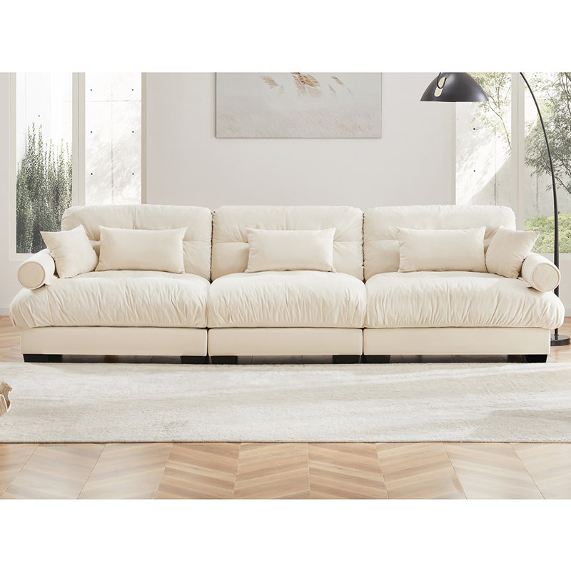 Extra Large 3 Seat Modern Velvet Sofa with Waist Pillows and Throw Pillows Hokku Designs Upholstery Color Cream